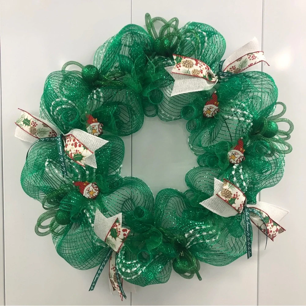 Handmade Gnome Deco Mesh Wreath Green White Winter Christmas Xmas Ribbon Glitter
